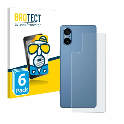 Front side of a product packaging with the brand logo BROTECT. Next to it is the device Sony Xperia 5 V (Back) shown with the 