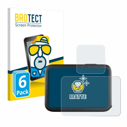 Front side of a product packaging with the brand logo BROTECT. Next to it is the device GoPro Hero 12 Black shown with the cor