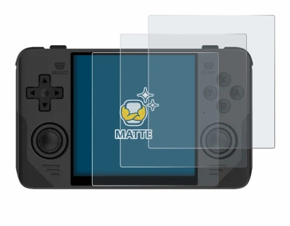 Image of the device Powkiddy RGB30 with a wide variety of screen protectors.