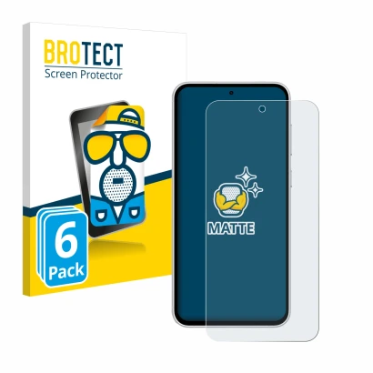 Front side of a product packaging with the brand logo BROTECT. Next to it is the device Samsung Galaxy S23 FE shown with the c