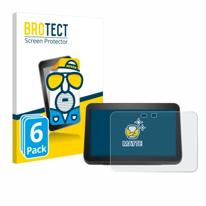 Front side of a product packaging with the brand logo BROTECT. Next to it is the device Amazon Echo Show 8 2023 (3th Gen.) sho