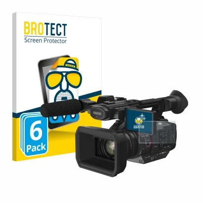 Front side of a product packaging with the brand logo BROTECT. Next to it is the device Panasonic HC-X2 shown with the corresp