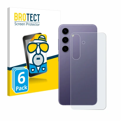 Front side of a product packaging with the brand logo BROTECT. Next to it is the device Samsung Galaxy S24 (Back) shown with t