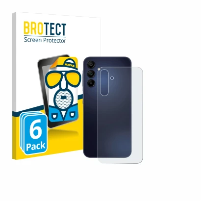 Front side of a product packaging with the brand logo BROTECT. Next to it is the device Samsung Galaxy A15 5G (Back) shown wit
