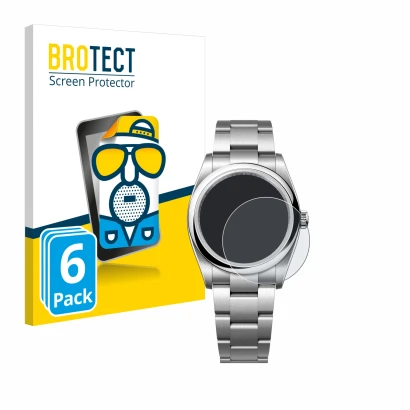 Front side of a product packaging with the brand logo BROTECT. Next to it is the device Rolex Oyster Perpetual 36 shown with t
