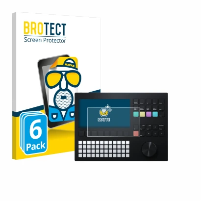 Front side of a product packaging with the brand logo BROTECT. Next to it is the device Polyend Tracker shown with the corresp