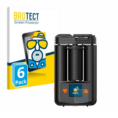 Front side of a product packaging with the brand logo BROTECT. Next to it is the device Storz & Bickel Mighty + shown with the