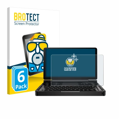 Front side of a product packaging with the brand logo BROTECT. Next to it is the device GPD Win Mini (2024) shown with the cor