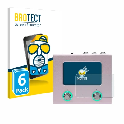 Front side of a product packaging with the brand logo BROTECT. Next to it is the device Hotone Ampero Mini shown with the corr