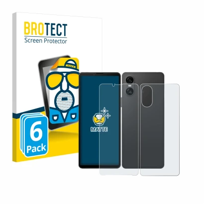 Front side of a product packaging with the brand logo BROTECT. Next to it is the device Sony Xperia 10 VI (Front+Back) shown w