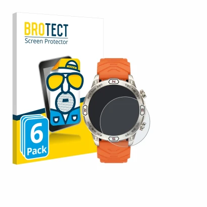 Front side of a product packaging with the brand logo BROTECT. Next to it is the device Bytelike Smartwatch 1.43" shown with t