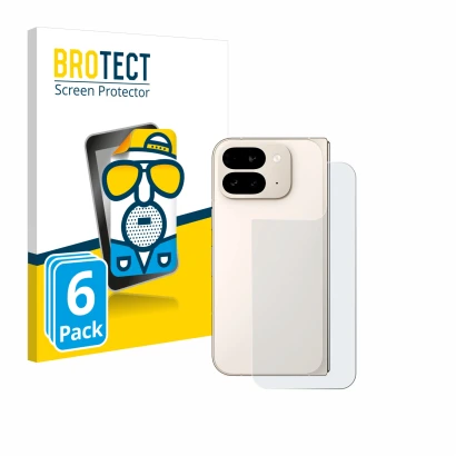 Front side of a product packaging with the brand logo BROTECT. Next to it is the device Google Pixel 9 Pro Fold (Back) shown w