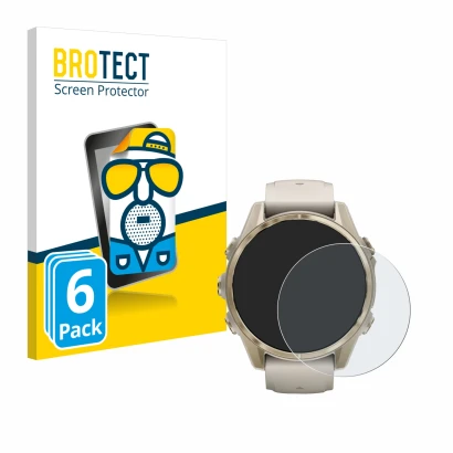 Front side of a product packaging with the brand logo BROTECT. Next to it is the device Garmin Fenix 8 (43 mm) shown with the 