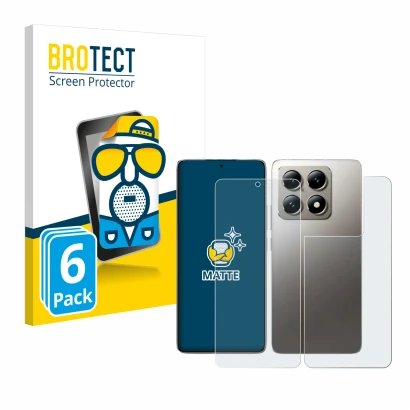 Front side of a product packaging with the brand logo BROTECT. Next to it is the device Xiaomi 14T (Front+Back) shown with the