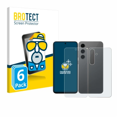Front side of a product packaging with the brand logo BROTECT. Next to it is the device Samsung Galaxy S24 FE (Front+Back) sho