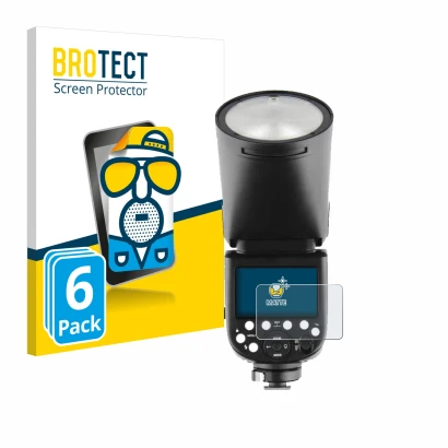 Front side of a product packaging with the brand logo BROTECT. Next to it is the device Godox TT685 II shown with the correspo