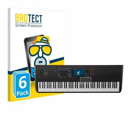 Front side of a product packaging with the brand logo BROTECT. Next to it is the device Yamaha MODX8+ shown with the correspon