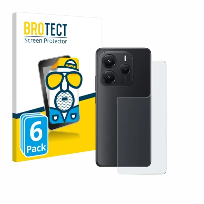 Front side of a product packaging with the brand logo BROTECT. Next to it is the device Xiaomi Redmi Note 14 (Back) shown with