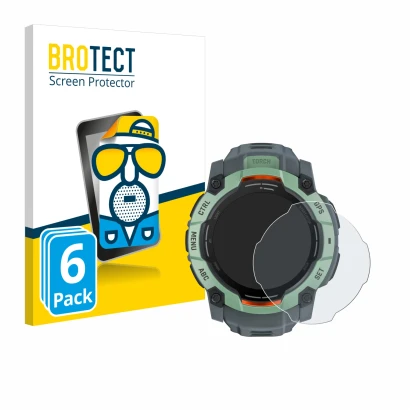 Front side of a product packaging with the brand logo BROTECT. Next to it is the device Garmin Instinct 3 AMOLED (50 mm) shown