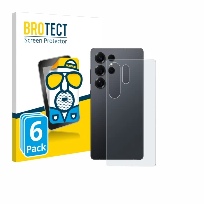Front side of a product packaging with the brand logo BROTECT. Next to it is the device Samsung Galaxy S25 Ultra (Back) shown 