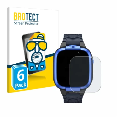 Front side of a product packaging with the brand logo BROTECT. Next to it is the device Xiaomi Mibro Kids Z3 shown with the co