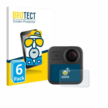 Front side of a product packaging with the brand logo BROTECT. Next to it is the device GoPro Max (2025) shown with the corres
