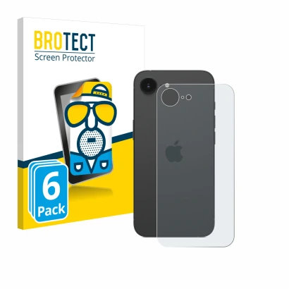 Front side of a product packaging with the brand logo BROTECT. Next to it is the device Apple iPhone 16e (Back) shown with the