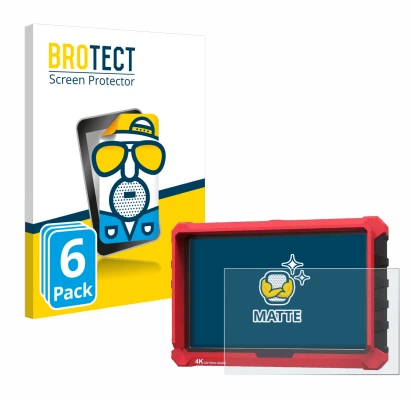 Front side of a product packaging with the brand logo BROTECT. Next to it is the device Lilliput A7s 7" shown with the corresp