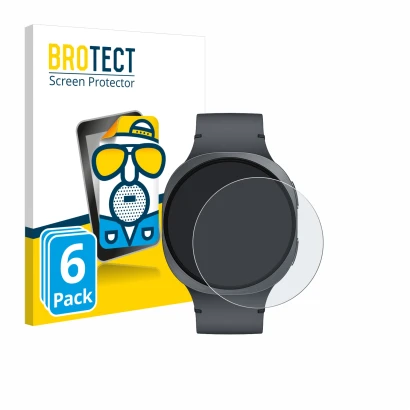 Front side of a product packaging with the brand logo BROTECT. Next to it is the device Samsung Galaxy Watch 8 (44 mm) shown w