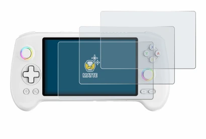 Image of the device Anbernic RG557 with a wide variety of screen protectors.