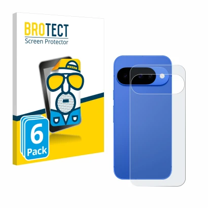 Front side of a product packaging with the brand logo BROTECT. Next to it is the device Google Pixel 10 (Back) shown with the 