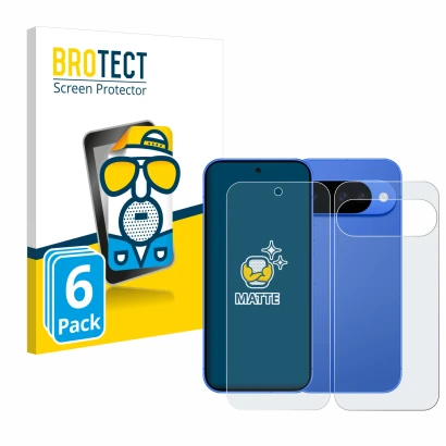 Front side of a product packaging with the brand logo BROTECT. Next to it is the device Google Pixel 10 (Front+Back) shown wit