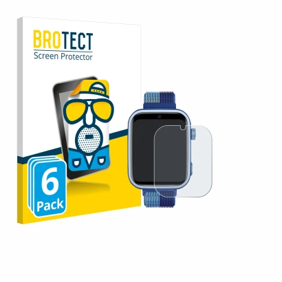 Front side of a product packaging with the brand logo BROTECT. Next to it is the device JoJoego 4G Smartwatch kids shown with 