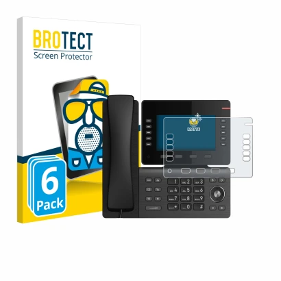 Front side of a product packaging with the brand logo BROTECT. Next to it is the device Snom D865 shown with the corresponding
