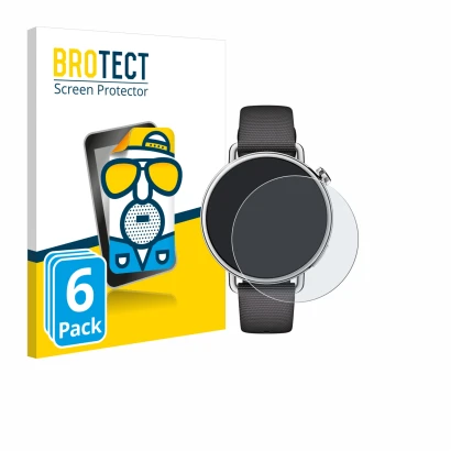 Front side of a product packaging with the brand logo BROTECT. Next to it is the device Xiaomi Watch S4 (41 mm) shown with the