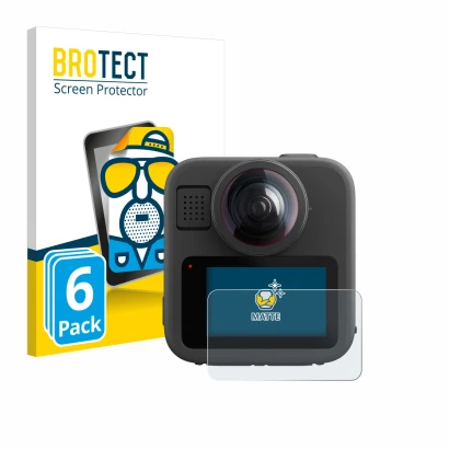 Front side of a product packaging with the brand logo BROTECT. Next to it is the device GoPro Max 2 shown with the correspondi