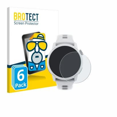 Front side of a product packaging with the brand logo BROTECT. Next to it is the device Coros Pace 4 shown with the correspond
