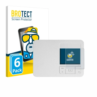 Front side of a product packaging with the brand logo BROTECT. Next to it is the device Canon Selphy CP1500 Mini shown with th