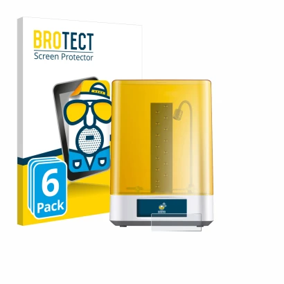 Front side of a product packaging with the brand logo BROTECT. Next to it is the device Anycubic Wash & Cure 3 Plus shown with