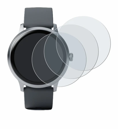Image of the device Pebble Round 2 with a wide variety of screen protectors.