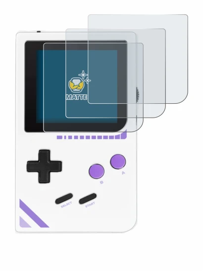 Image of the device Modretro Chromatic with a wide variety of screen protectors.