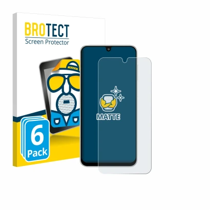 Front side of a product packaging with the brand logo BROTECT. Next to it is the device Samsung Galaxy M16 shown with the corr