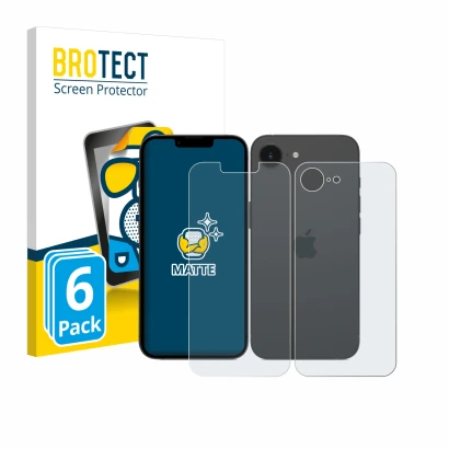 Front side of a product packaging with the brand logo BROTECT. Next to it is the device Apple iPhone 17e (Front+Back) shown wi