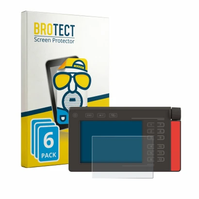 Front side of a product packaging with the brand logo BROTECT. Next to it is the device Müller Elektronik SMART570 shown with