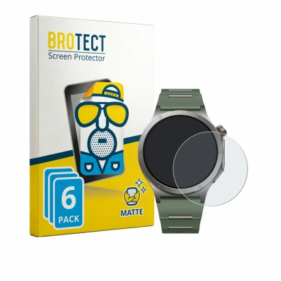 Front side of a product packaging with the brand logo BROTECT. Next to it is the device OnePlus Watch 4 shown with the corresp