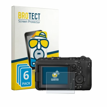 Front side of a product packaging with the brand logo BROTECT. Next to it is the device Canon EOS R6 V shown with the correspo