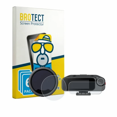 Front side of a product packaging with the brand logo BROTECT. Next to it is the device Insta360 Mic Pro TX + RX shown with th