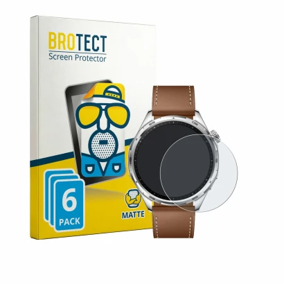 Front side of a product packaging with the brand logo BROTECT. Next to it is the device Honor Watch 6 shown with the correspon