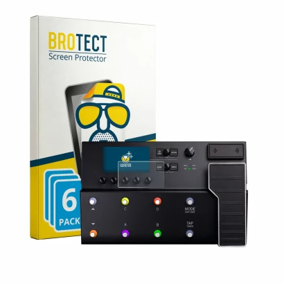 Front side of a product packaging with the brand logo BROTECT. Next to it is the device Line 6 POD Go Wireless shown with the