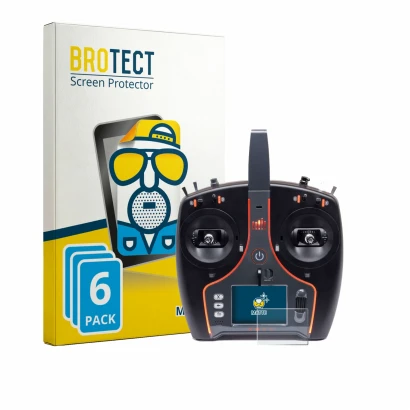 Front side of a product packaging with the brand logo BROTECT. Next to it is the device Spektrum NX7e Plus shown with the corr
